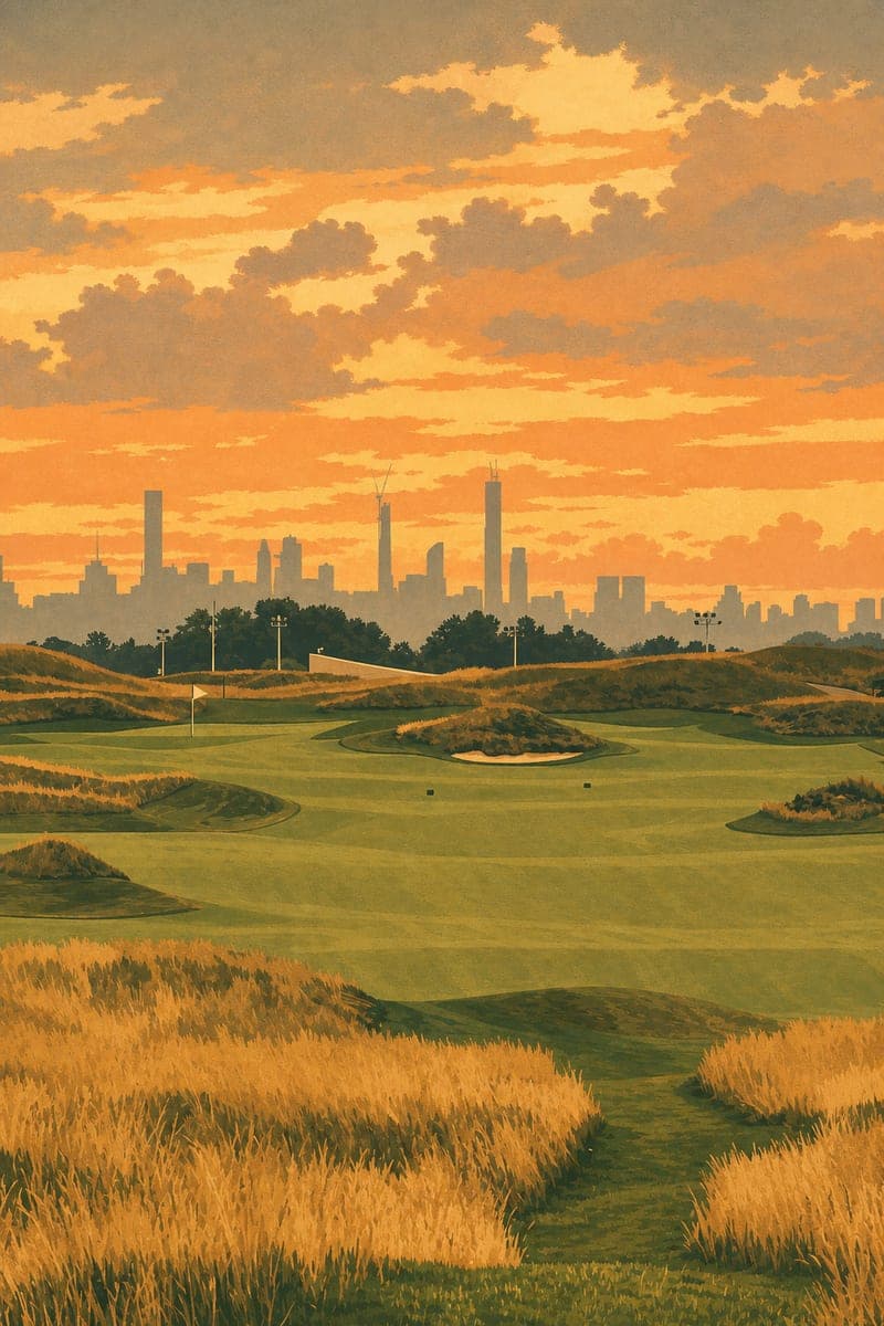 Vintage poster painting of Ferry Point No. 13 with the Manhattan skyline at sunset