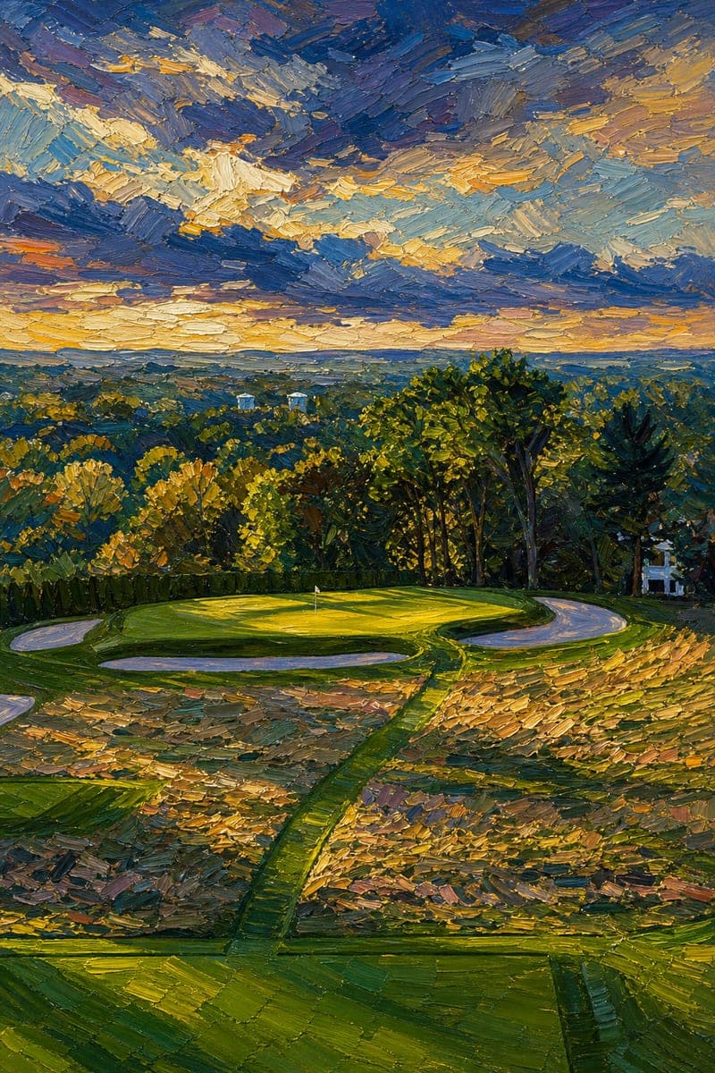 Post-impressionist painting of Hackensack Golf Club No. 6 under a dramatic evening sky