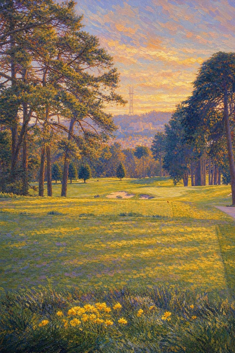 Impressionist painting of the Presidio No. 15 in golden light