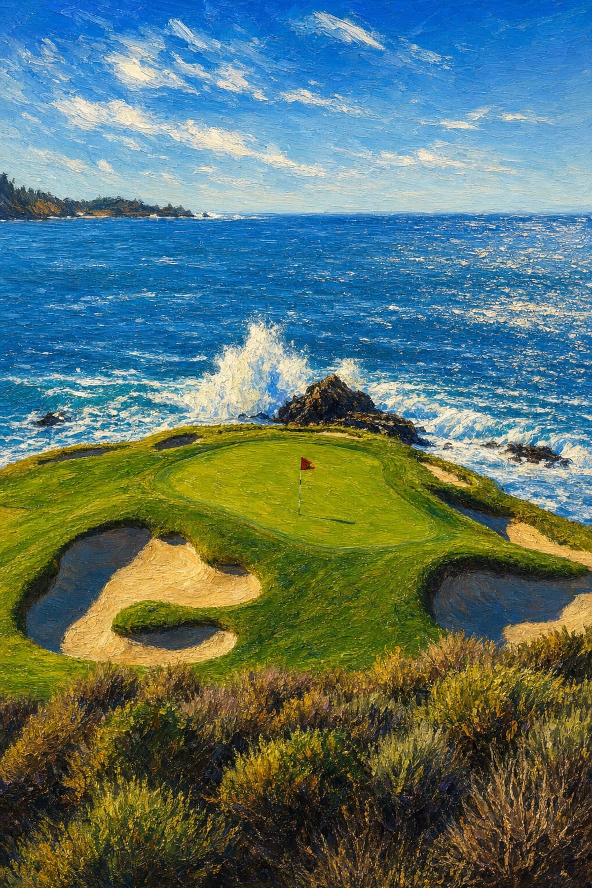 An oil painting of the 7th hole at Pebble Beach in a walnut frame