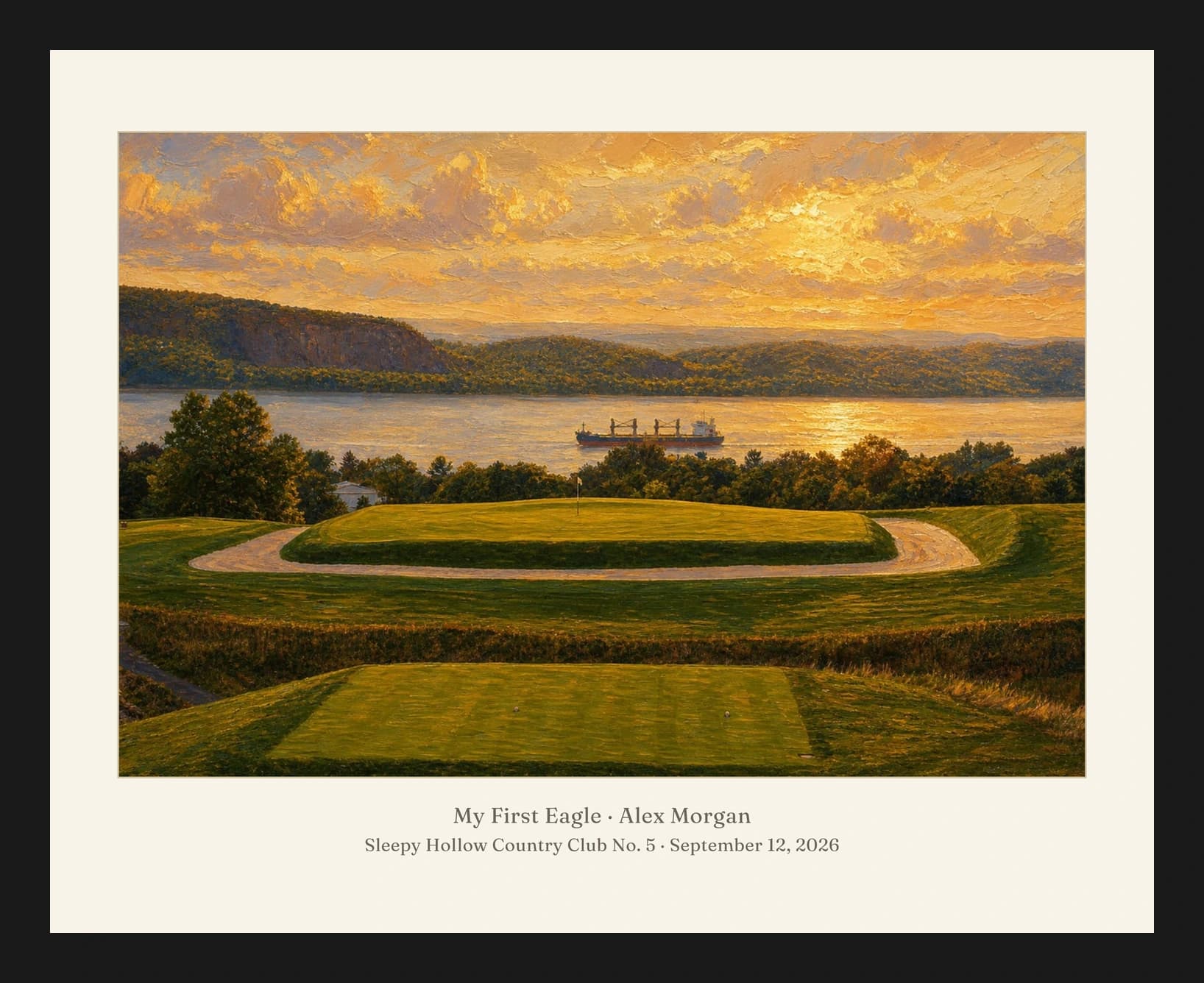 Illustrative my first eagle portrait of Sleepy Hollow Country Club, hole 5. Inscription: Alex Morgan; My First Eagle; September 12, 2026; Sleepy Hollow Country Club, No. 5.