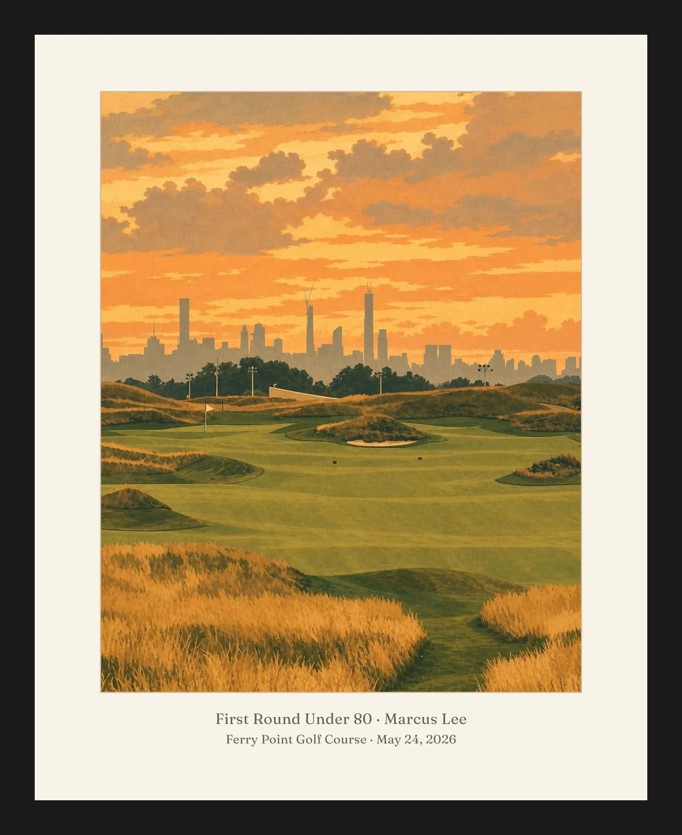 Illustrative first round under 80 portrait of Ferry Point Golf Course, hole 13. Inscription: Marcus Lee; First Round Under 80; May 24, 2026; Ferry Point Golf Course.